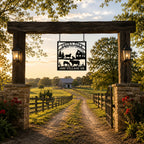 Personalized farm metal sign hanging at a rustic farm entrance with a custom farm name and countryside background.