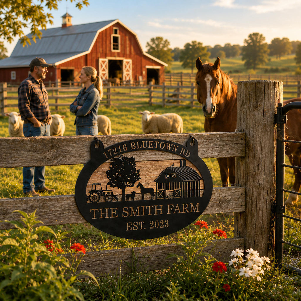 Personalized metal farm sign displayed on a wooden fence with horses, sheep and a family farm in the background.
