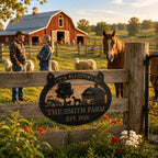 Personalized metal farm sign displayed on a wooden fence with horses, sheep and a family farm in the background.