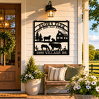 Personalized metal farm sign displayed on a modern farmhouse front porch with custom family farm details.