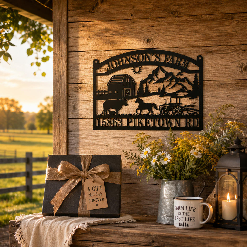 Personalized metal farm sign displayed on a rustic wooden wall with gift box, wildflowers, candle lantern, and warm farmhouse decor.