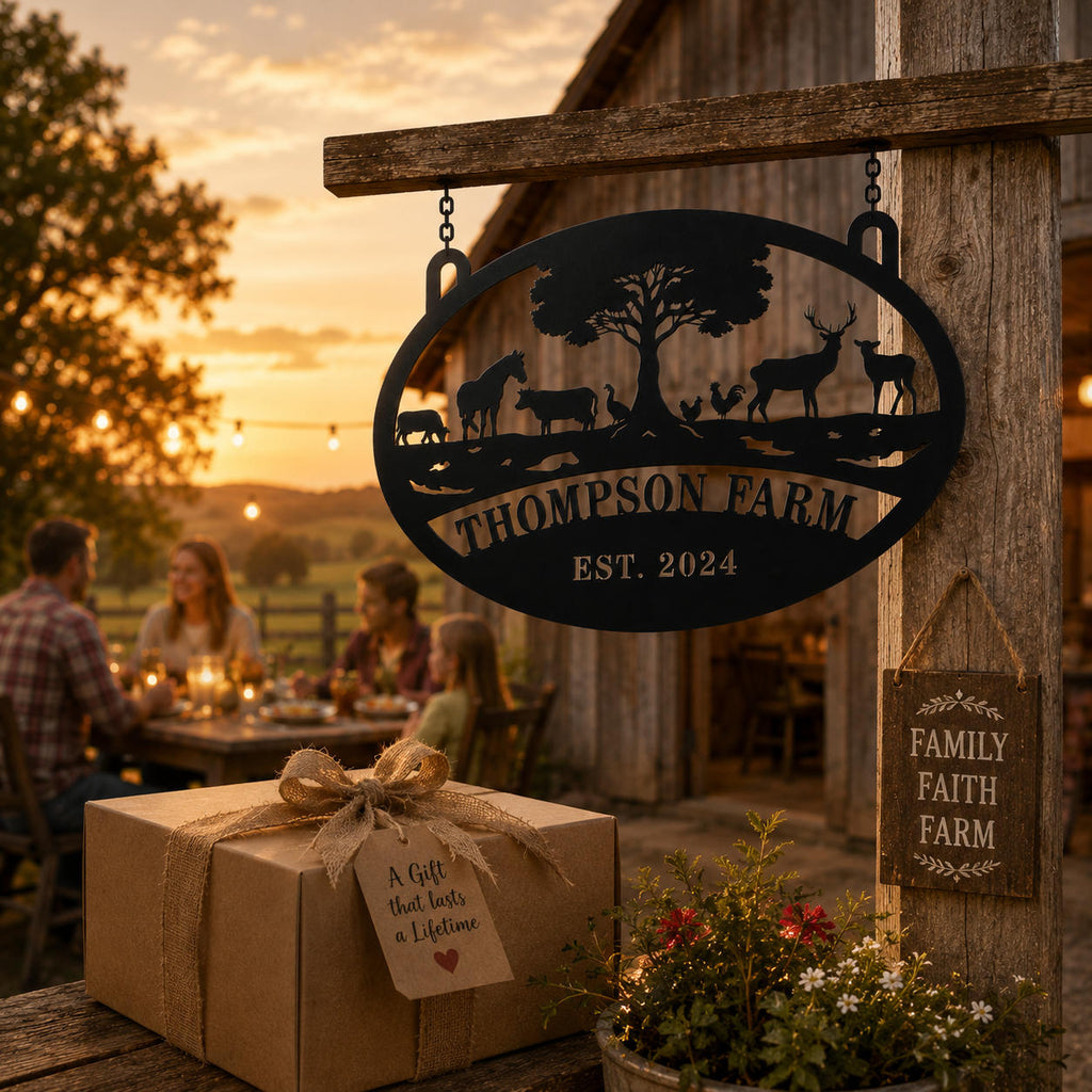 Personalized farm metal sign as a thoughtful gift for farm owners, ranch families, housewarming, anniversary, wedding, Christmas, and Father's Day celebrations.