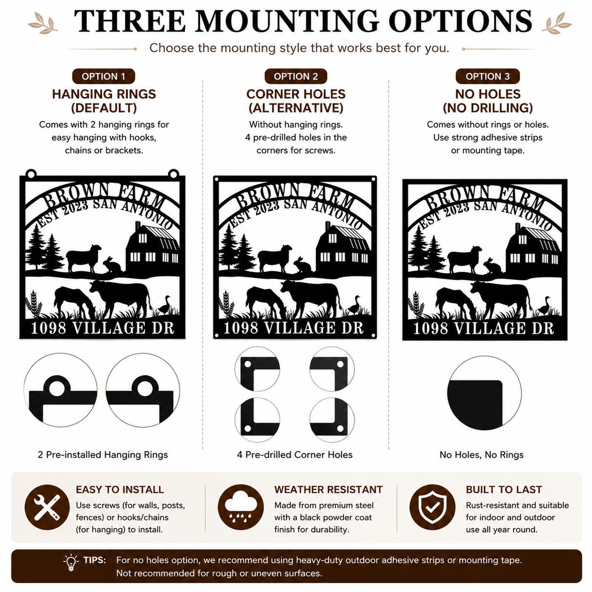 Comparison of hanging ring and corner hole mounting options for a personalized farm metal sign.