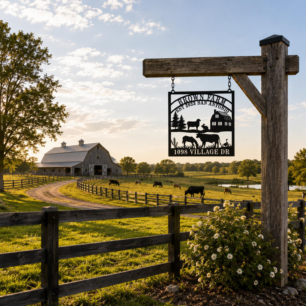 Custom farm metal sign displayed in a wide ranch landscape with barn, pasture and grazing cattle.