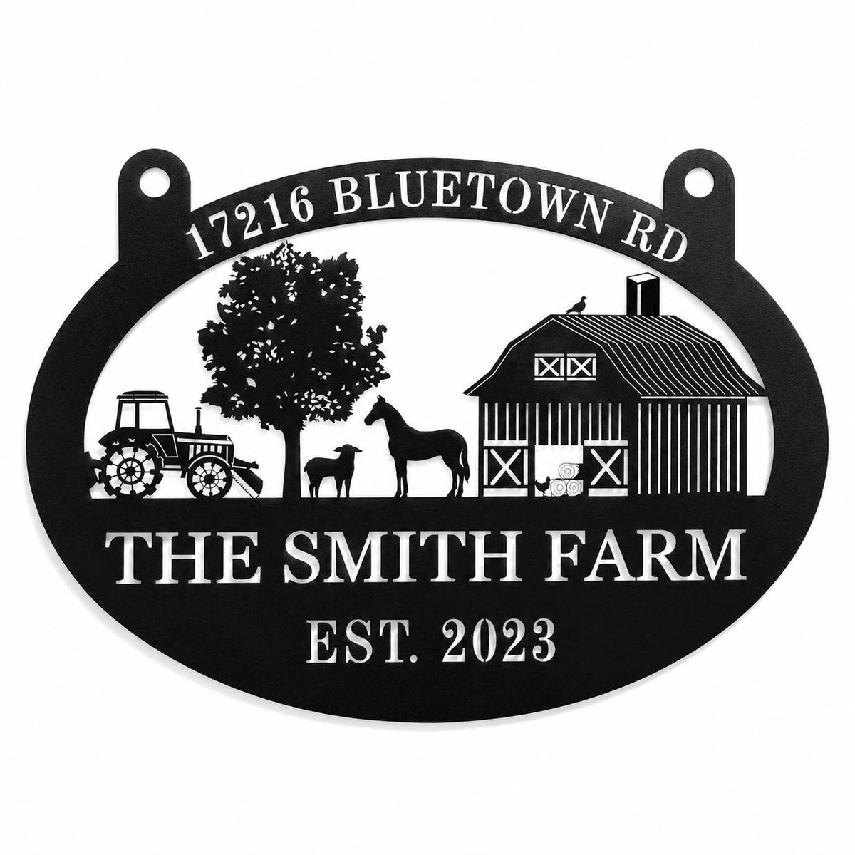 Personalized black metal farm sign with custom text, farm scene design and double hanging tabs on a white background. Main image