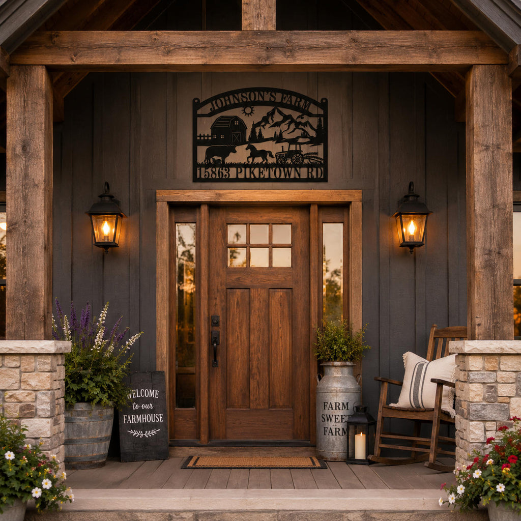 Personalized farmhouse metal address sign mounted above a rustic front porch with wooden door, lantern lights, and country decor.