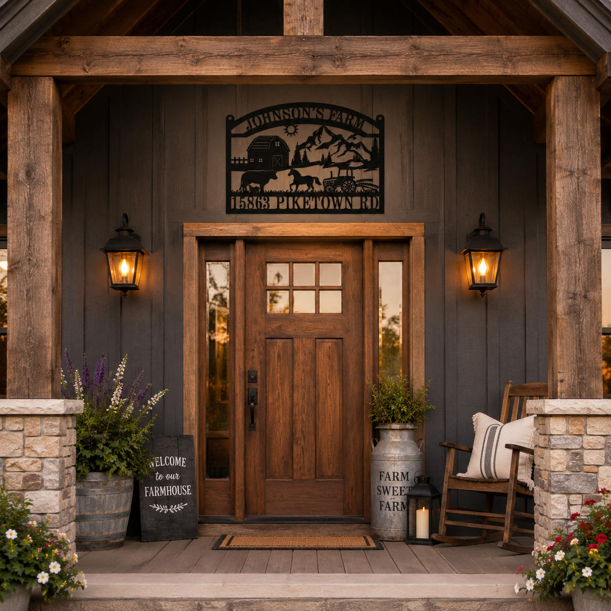 Personalized farmhouse metal address sign mounted above a rustic front porch with wooden door, lantern lights, and country decor.