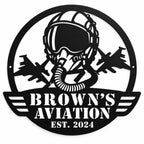 Personalized fighter pilot metal sign with custom Brown’s Aviation name and established year.
