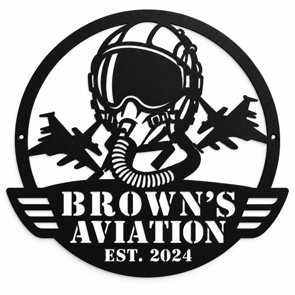 Personalized fighter pilot metal sign with custom Brown’s Aviation name and established year.
