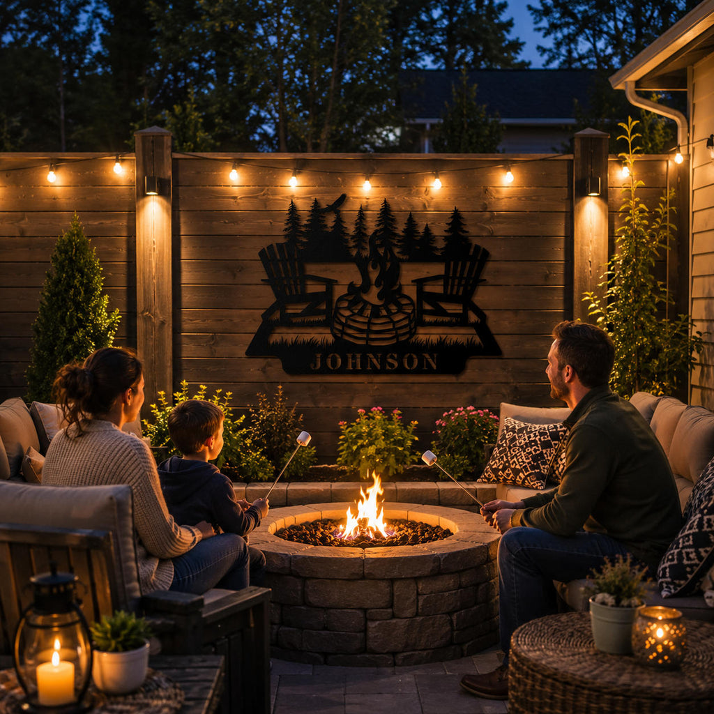 Personalized metal family name sign installed on a backyard privacy fence beside an outdoor fire pit and seating area.