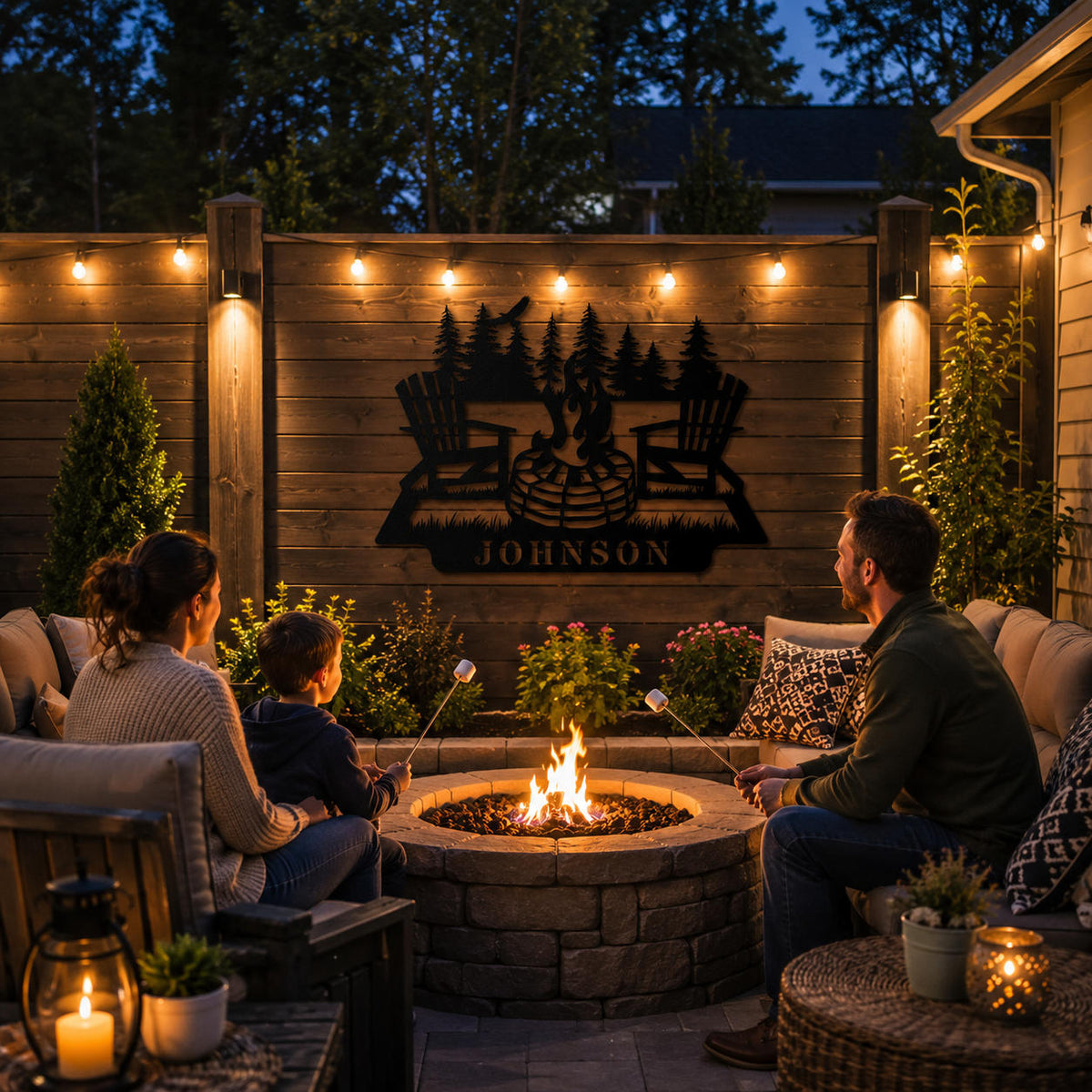 Personalized metal family name sign installed on a backyard privacy fence beside an outdoor fire pit and seating area.