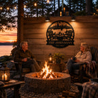 Custom family metal sign displayed above an outdoor fire pit seating area at a cozy lake house.