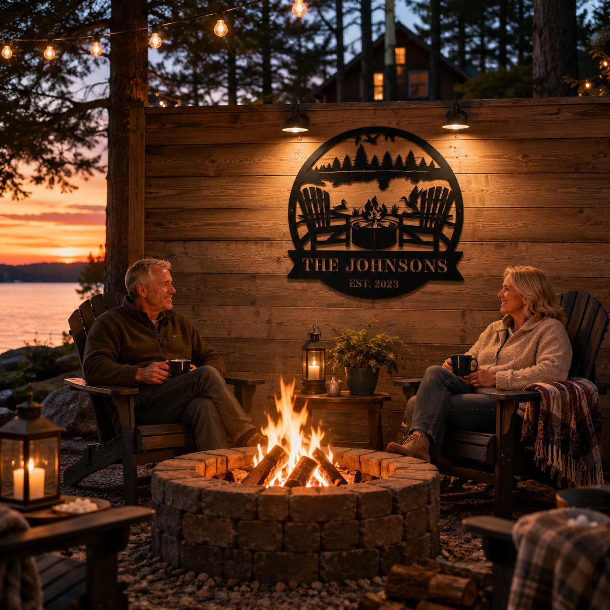 Custom family metal sign displayed above an outdoor fire pit seating area at a cozy lake house.