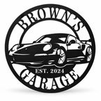 Personalized Brown's Garage metal sign with sports car design and EST. 2024 on a white background.