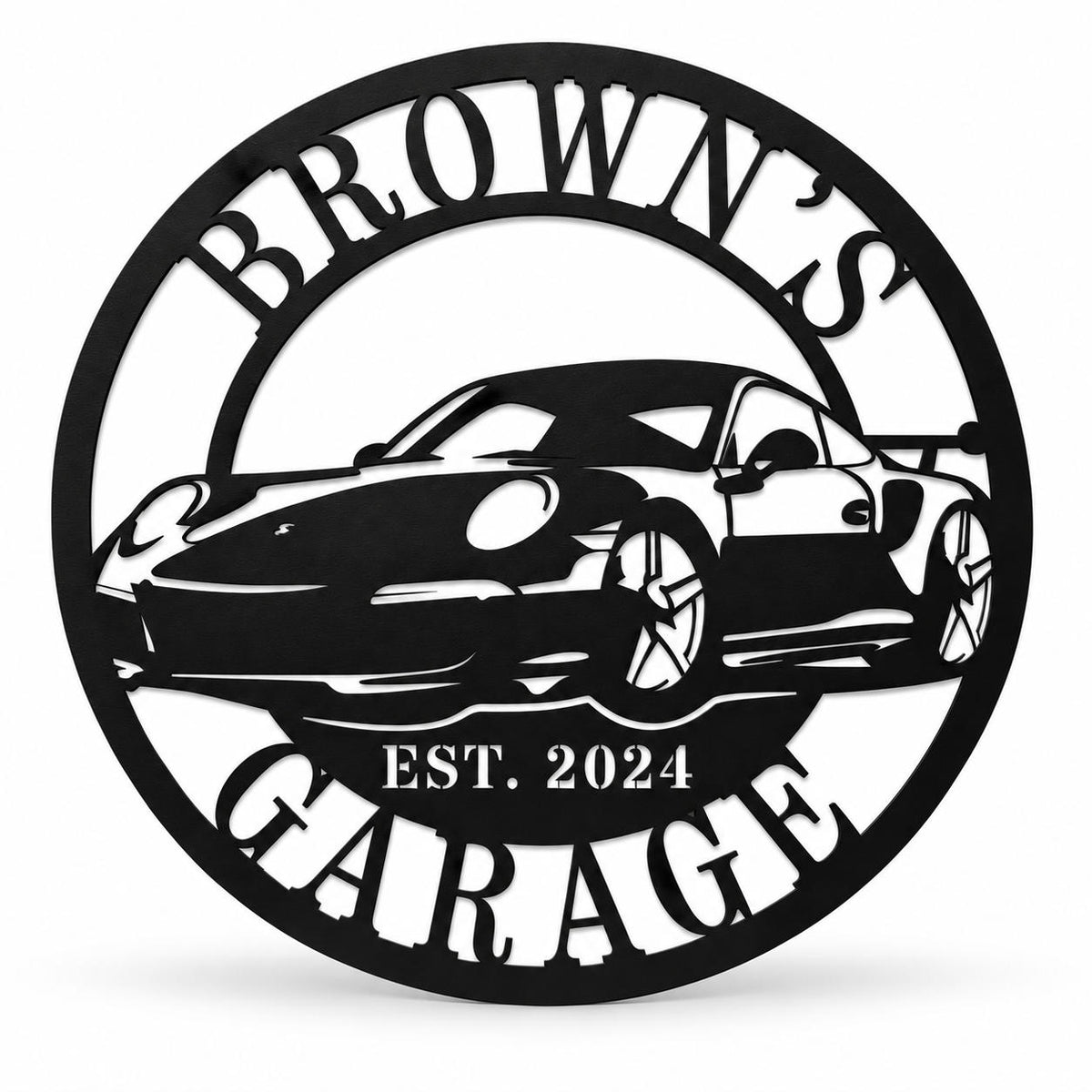 Personalized Brown's Garage metal sign with sports car design and EST. 2024 on a white background.