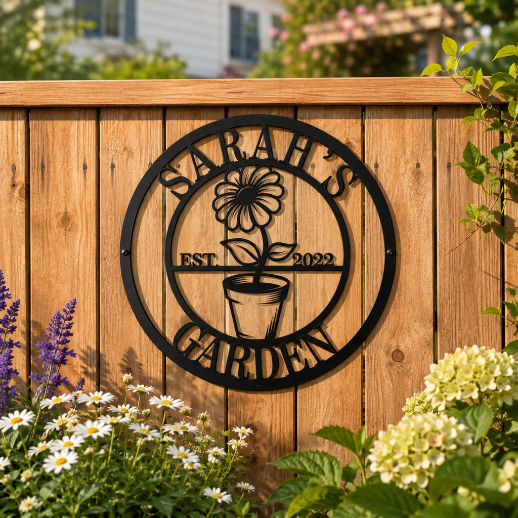 Personalized round garden metal sign mounted on a wooden fence in a charming backyard garden.