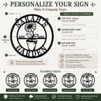 Custom garden metal sign personalization guide for entering a name, four-digit established year, and bottom text.