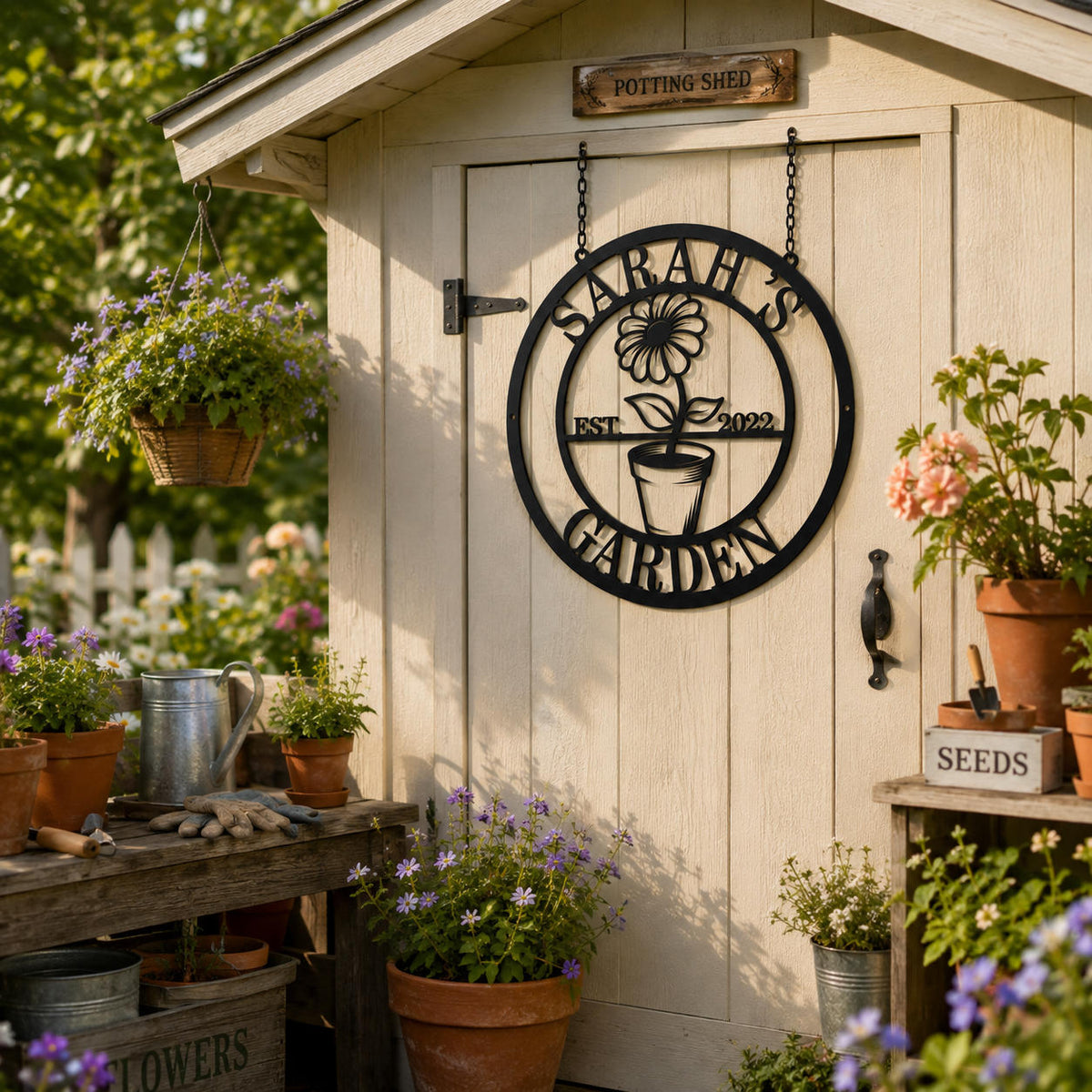 Personalized garden metal sign hanging on a backyard potting shed surrounded by plants and gardening decor.