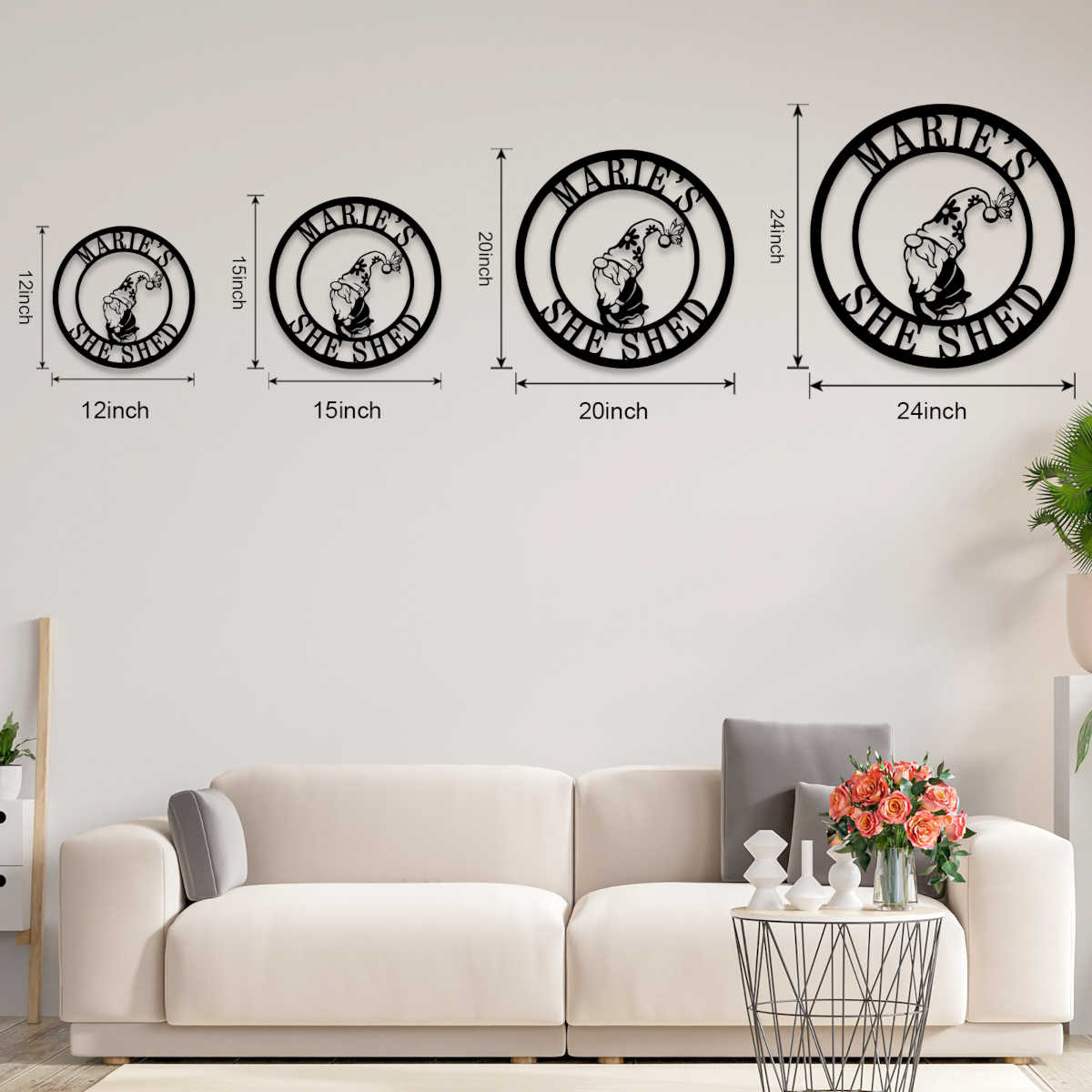 Custom round gnome metal sign with personalized shed name, black steel farmhouse garden wall décor