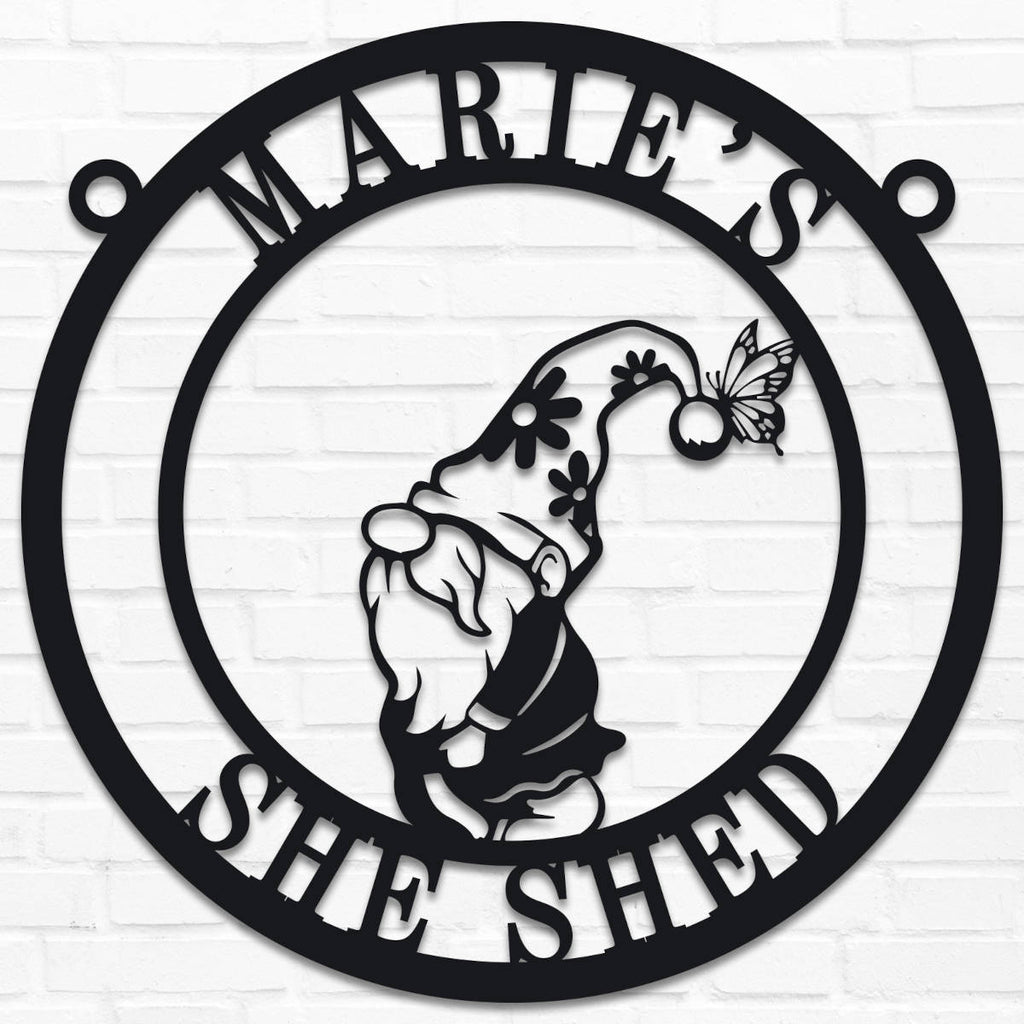 Custom round gnome metal sign with personalized shed name, black steel farmhouse garden wall décor
