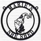 Custom round gnome metal sign with personalized shed name, black steel farmhouse garden wall décor