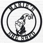 Custom round gnome metal sign with personalized shed name, black steel farmhouse garden wall décor