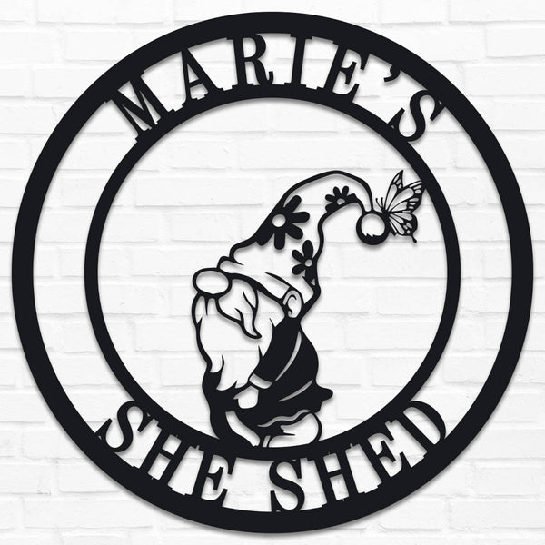 Custom round gnome metal sign with personalized shed name, black steel farmhouse garden wall décor