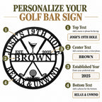 Golf bar sign customization guide showing top text, center text, established year, and bottom text fields with numbered labels and examples.