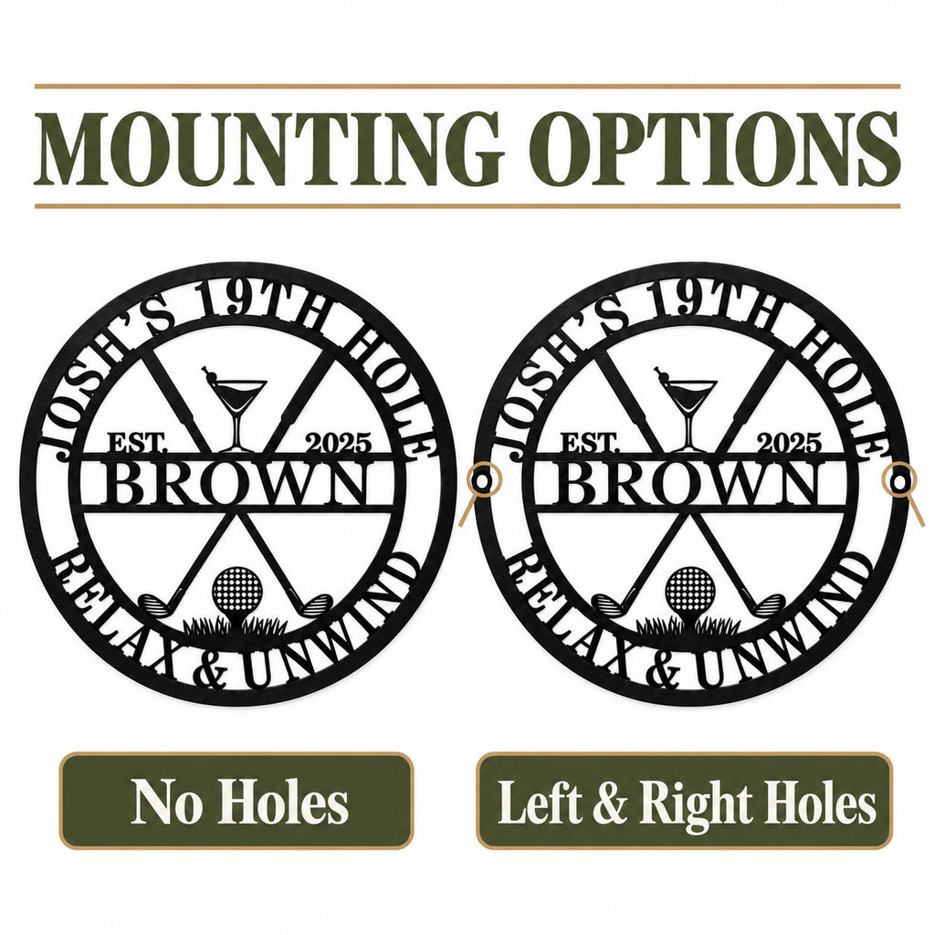 Golf bar metal sign mounting options shown side by side: no holes and two mounting holes on the left and right sides of the outer rim.