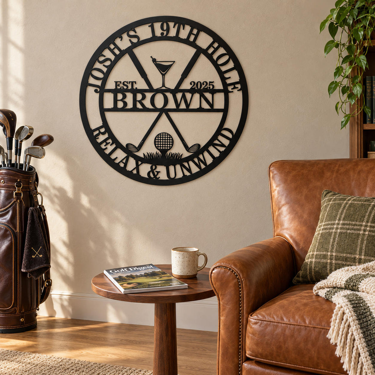 Personalized black metal golf sign in a reading nook with a caramel leather chair, a golf bag, and a side table holding a magazine and mug.