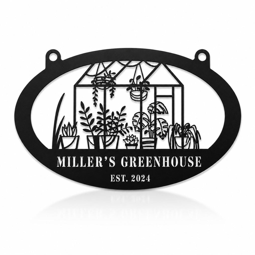 Personalized black metal greenhouse sign with custom name and established year, featuring a detailed greenhouse and plant design.