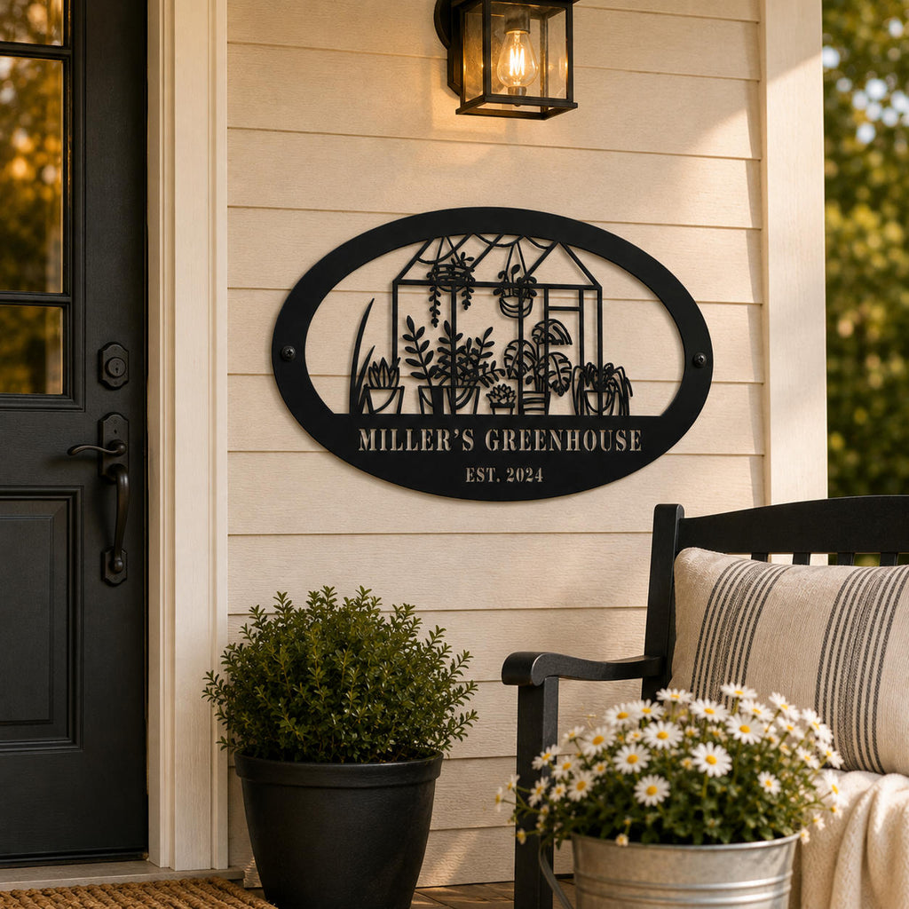 Personalized black greenhouse metal sign mounted beside a front door on a welcoming porch with plants and outdoor decor.