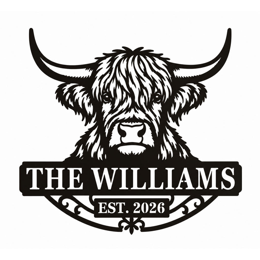 Personalized black Highland cow metal family sign with The Williams and EST. 2026 on a white background.