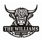 Personalized black Highland cow metal family sign with The Williams and EST. 2026 on a white background.