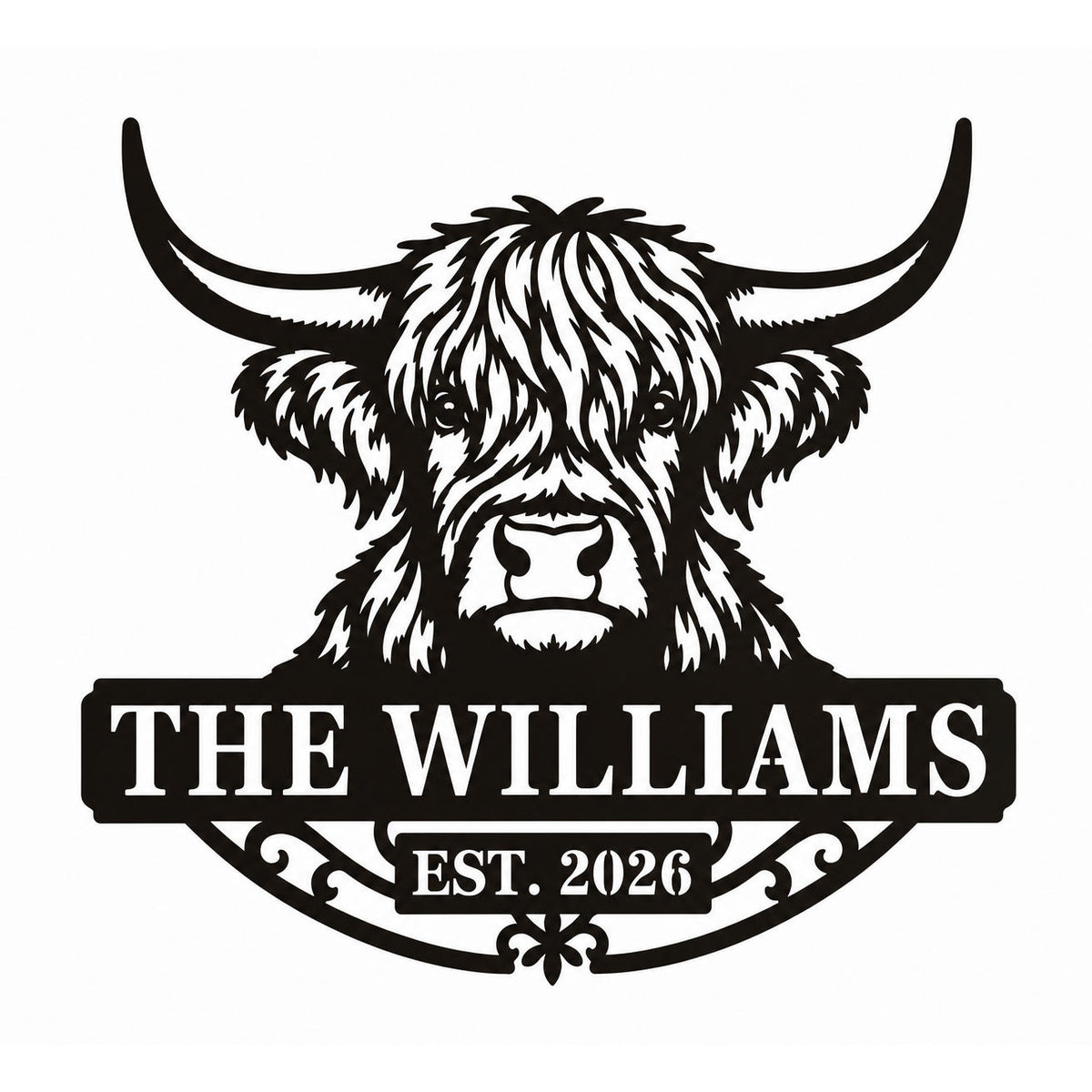 Personalized black Highland cow metal family sign with The Williams and EST. 2026 on a white background.