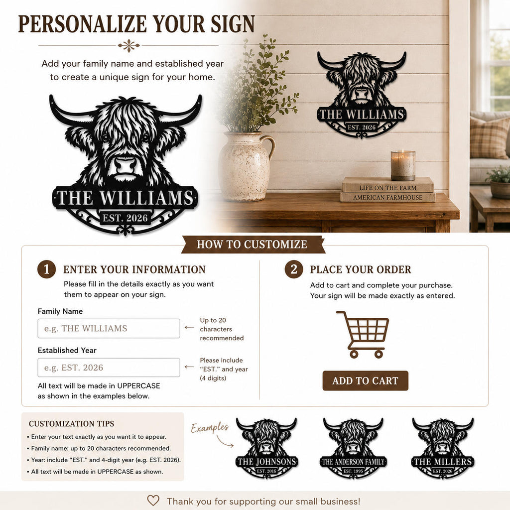 Customization guide for entering a family name and EST. year on a personalized Highland cow metal sign.