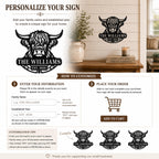 Customization guide for entering a family name and EST. year on a personalized Highland cow metal sign.