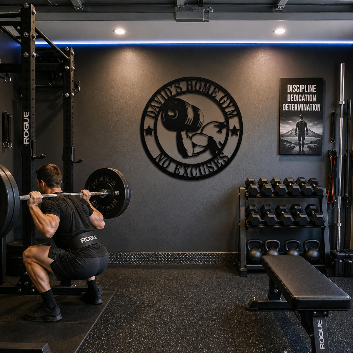 Personalized home gym metal sign displayed on the wall of a modern garage gym.