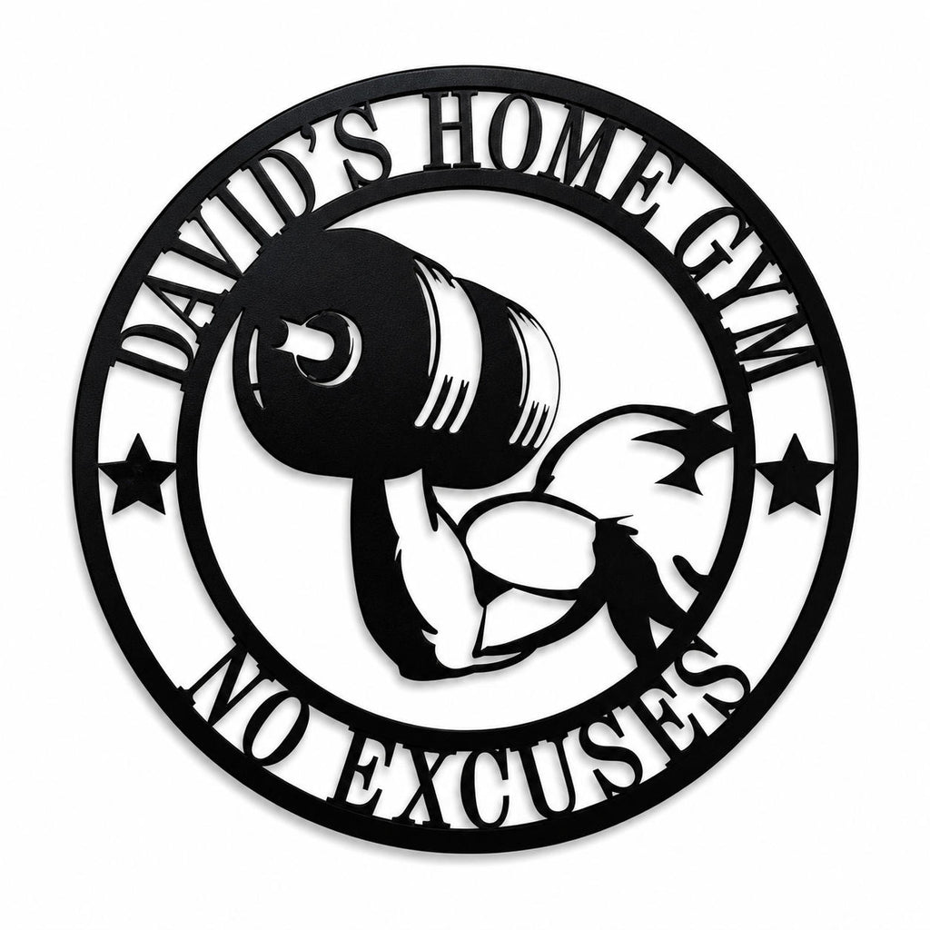 Personalized home gym metal sign with custom name and motivational text on a white background.