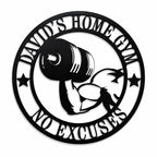 Personalized home gym metal sign with custom name and motivational text on a white background.