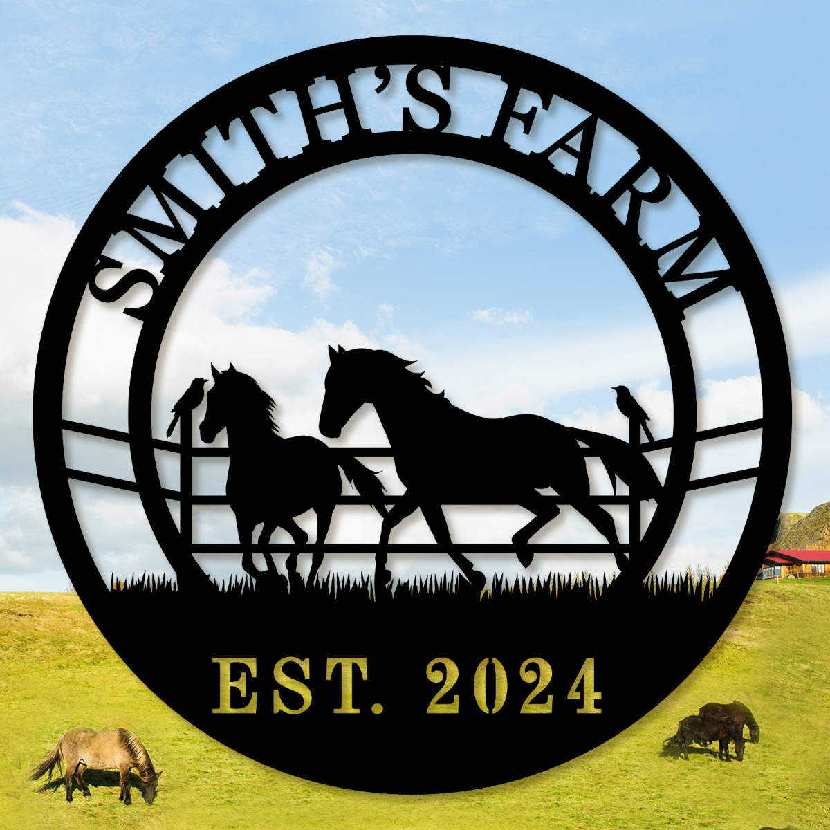 Custom horse farm metal sign with galloping horses, personalized text, and rustic circular design for barn or farmhouse wall décor. Main image