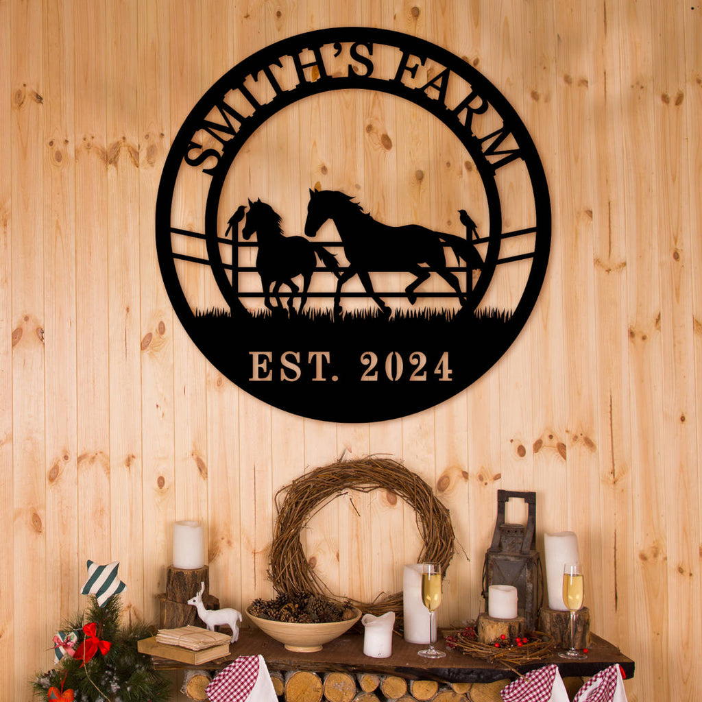 Custom horse farm metal sign with galloping horses, personalized text, and rustic circular design for barn or farmhouse wall décor.