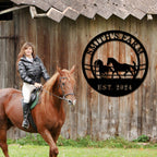 Custom horse farm metal sign with galloping horses, personalized text, and rustic circular design for barn or farmhouse wall décor.