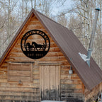 Custom horse farm metal sign with galloping horses, personalized text, and rustic circular design for barn or farmhouse wall décor.