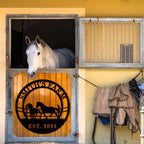 Custom horse farm metal sign with galloping horses, personalized text, and rustic circular design for barn or farmhouse wall décor.