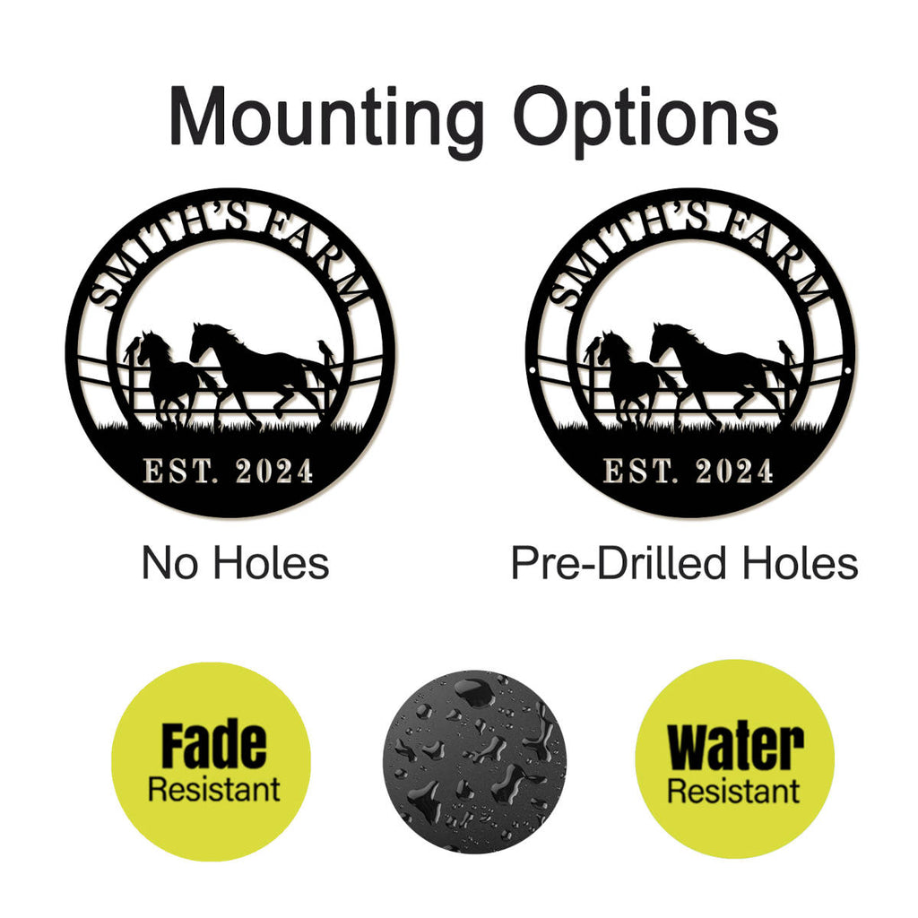 Custom horse farm metal sign with galloping horses, personalized text, and rustic circular design for barn or farmhouse wall décor.