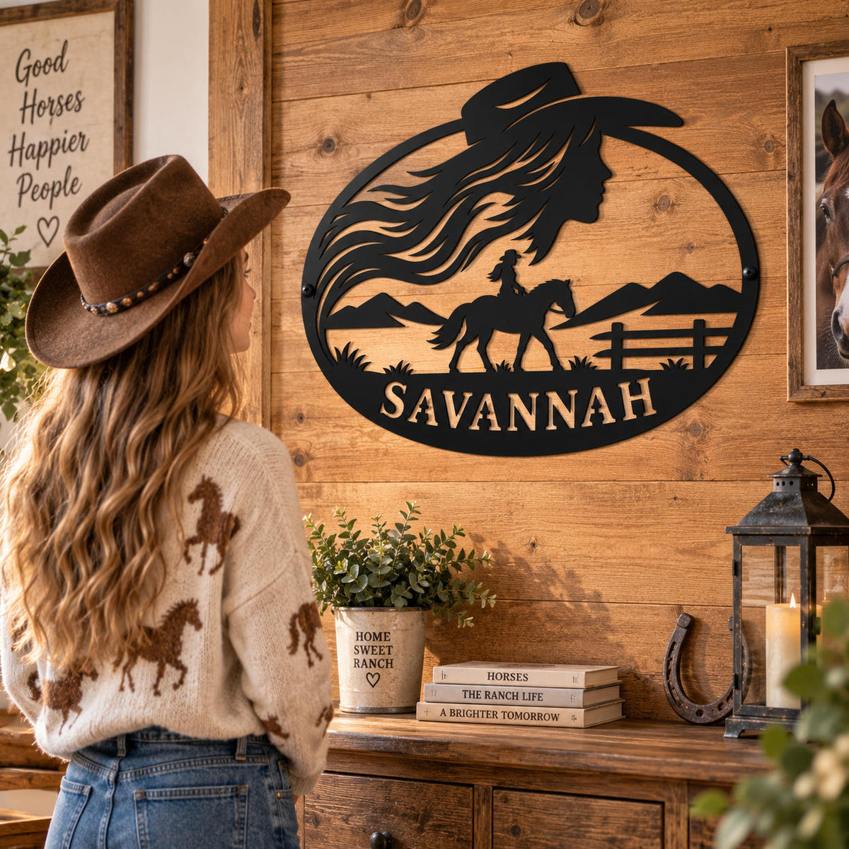 Personalized Savannah cowgirl metal wall sign displayed as a special gift for a horse-loving girl.