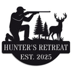 Personalized hunter metal sign Personalized Hunter's Retreat black metal sign with hunter deer and pine tree design on white background