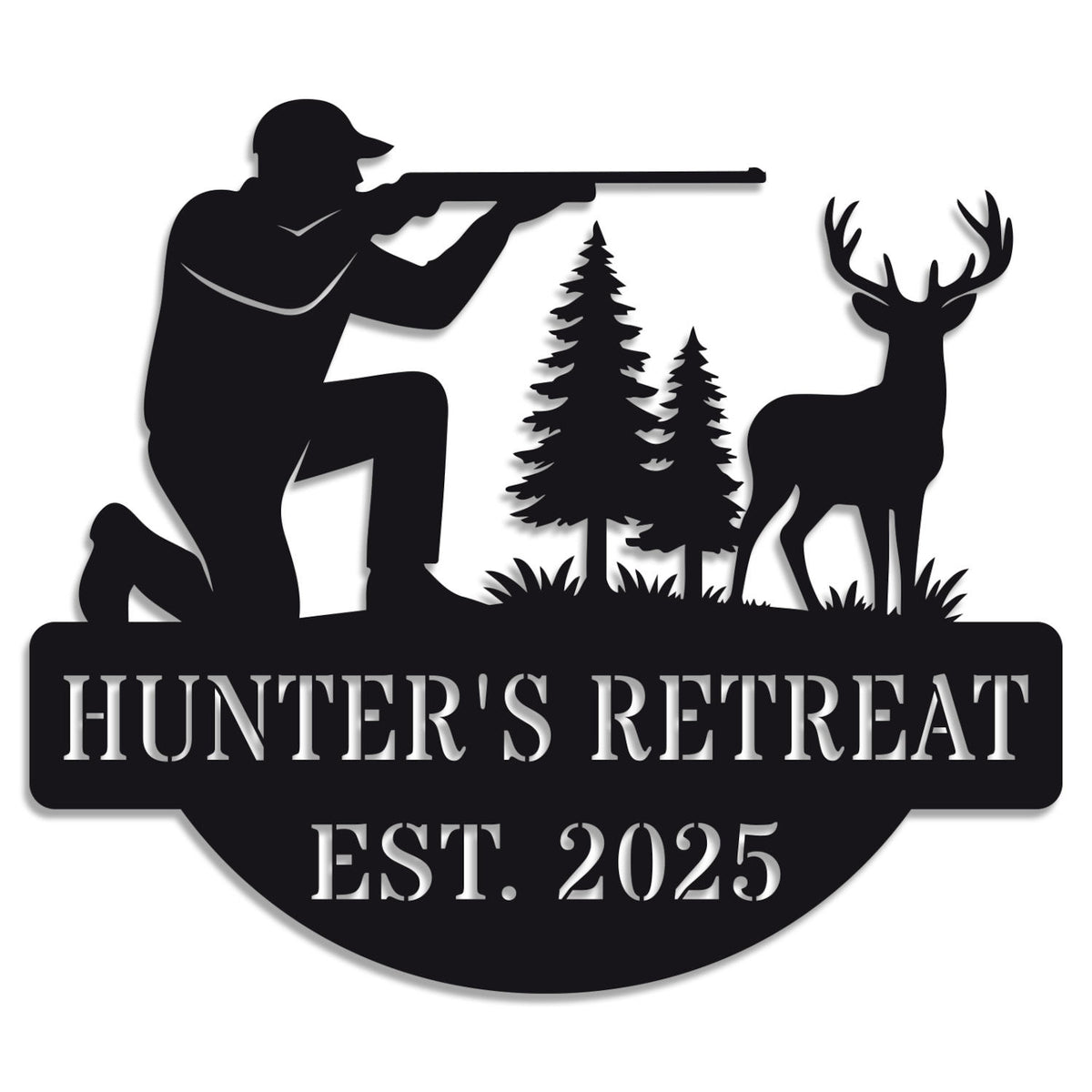 Personalized hunter metal sign Personalized Hunter's Retreat black metal sign with hunter deer and pine tree design on white background