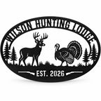 Personalized hunting lodge metal sign with deer, turkey and pine tree design on a white background.